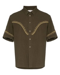 Мужская оливковая рубашка с коротким рукавом с вышивкой от Saint Laurent
