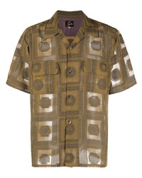 Мужская оливковая рубашка с коротким рукавом с принтом от Needles