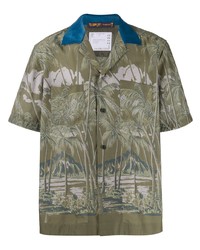 Мужская оливковая рубашка с коротким рукавом с принтом от Sacai
