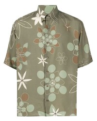 Мужская оливковая рубашка с коротким рукавом с цветочным принтом от Fendi
