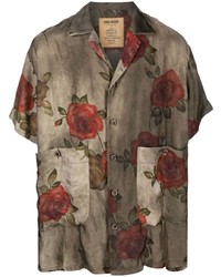 Мужская оливковая рубашка с коротким рукавом с цветочным принтом от Uma Wang