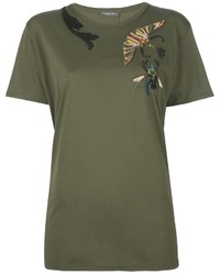 Женская оливковая футболка с вышивкой от Alexander McQueen