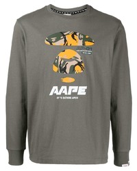Мужская оливковая футболка с длинным рукавом с принтом от AAPE BY A BATHING APE