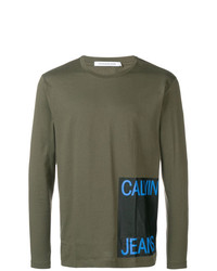 Мужская оливковая футболка с длинным рукавом с принтом от Calvin Klein Jeans