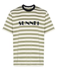 Мужская оливковая футболка с круглым вырезом в горизонтальную полоску от Sunnei
