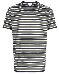 Мужская оливковая футболка с круглым вырезом в горизонтальную полоску от Sunspel