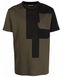 Мужская оливковая футболка с круглым вырезом в стиле пэчворк от Neil Barrett