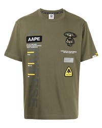 Мужская оливковая футболка с круглым вырезом с вышивкой от AAPE BY A BATHING APE