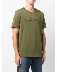 Мужская оливковая футболка с круглым вырезом с вышивкой от Tommy Hilfiger