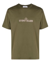 Мужская оливковая футболка с круглым вырезом с вышивкой от Stone Island