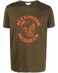 Мужская оливковая футболка с круглым вырезом с принтом от Alexander McQueen