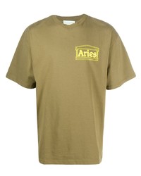 Мужская оливковая футболка с круглым вырезом с принтом от Aries