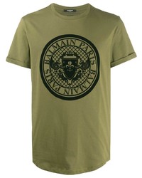 Мужская оливковая футболка с круглым вырезом с принтом от Balmain