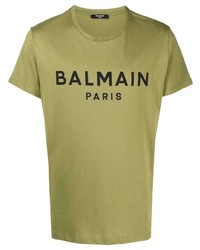 Мужская оливковая футболка с круглым вырезом с принтом от Balmain