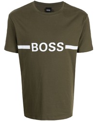 Мужская оливковая футболка с круглым вырезом с принтом от BOSS