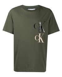 Мужская оливковая футболка с круглым вырезом с принтом от Calvin Klein Jeans
