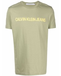 Мужская оливковая футболка с круглым вырезом с принтом от Calvin Klein Jeans