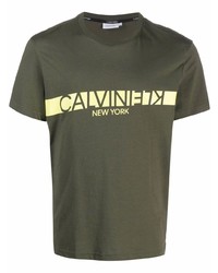 Мужская оливковая футболка с круглым вырезом с принтом от Calvin Klein