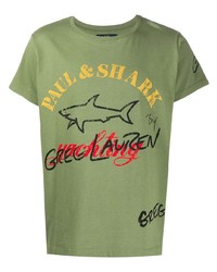 Мужская оливковая футболка с круглым вырезом с принтом от Greg Lauren X Paul & Shark