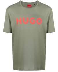 Мужская оливковая футболка с круглым вырезом с принтом от Hugo