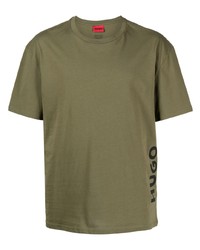 Мужская оливковая футболка с круглым вырезом с принтом от Hugo