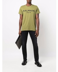 Мужская оливковая футболка с круглым вырезом с принтом от Balmain