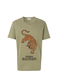 Мужская оливковая футболка с круглым вырезом с принтом от Pierre Balmain