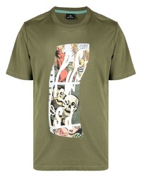 Мужская оливковая футболка с круглым вырезом с принтом от PS Paul Smith