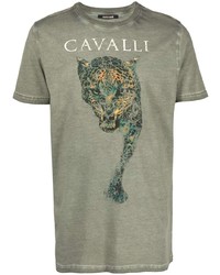 Мужская оливковая футболка с круглым вырезом с принтом от Roberto Cavalli
