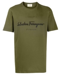 Мужская оливковая футболка с круглым вырезом с принтом от Salvatore Ferragamo