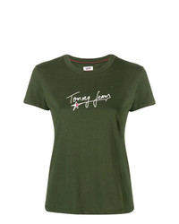 Женская оливковая футболка с круглым вырезом с принтом от Tommy Jeans