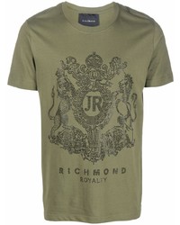 Мужская оливковая футболка с круглым вырезом с украшением от John Richmond