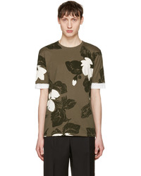 Оливковая футболка с круглым вырезом с цветочным принтом