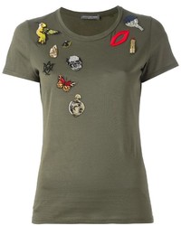 Женская оливковая футболка с пайетками с вышивкой от Alexander McQueen