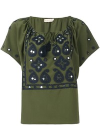 Оливковая шелковая блузка с вышивкой от Tory Burch