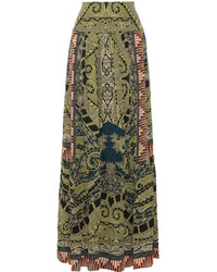 Оливковая шелковая длинная юбка с "огурцами"