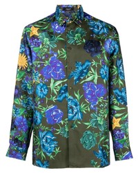 Оливковая шелковая рубашка с длинным рукавом с цветочным принтом