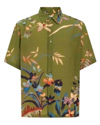 Мужская оливковая шелковая рубашка с длинным рукавом с цветочным принтом от Etro