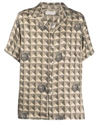 Мужская оливковая шелковая рубашка с коротким рукавом с геометрическим рисунком от Paura