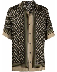 Мужская оливковая шелковая рубашка с коротким рукавом с принтом от Versace