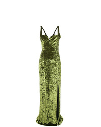 Оливковое бархатное вечернее платье с разрезом от Galvan