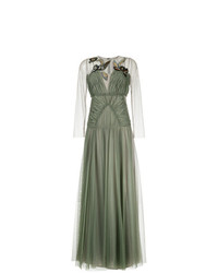 Оливковое вечернее платье из фатина с вышивкой от Antonio Marras