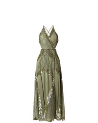 Оливковое вечернее платье с пайетками с вырезом от Temperley London