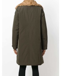 Оливковое пальто с меховым воротником от Moncler
