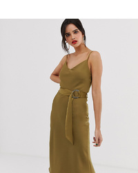 Оливковое шелковое платье-комбинация