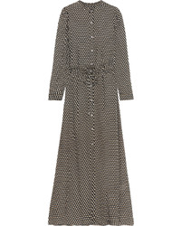 Оливковое шелковое платье-макси в горошек