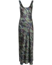 Оливковое шелковое платье-макси с принтом