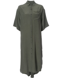 Оливковое шелковое платье-рубашка от OSKLEN