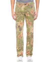 Оливковые брюки чинос с цветочным принтом