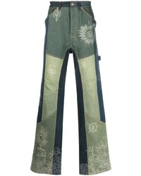 Мужские оливковые джинсы в стиле пэчворк от Marine Serre